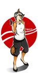  4_toes abstract_background anthro canine clothing female fox fur gun hair half-closed_eyes looking_at_viewer mammal naughty_face paws pistol ranged_weapon shirt short_hair shorts solo standing tridognait weapon white_hair yellow_fur 