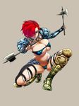  armor axe bikini_armor blue_eyes bokkori breasts bursting_breasts cameltoe dual_wielding greaves hair_over_one_eye holding huge_breasts jewelry legs necklace one_knee original red_hair short_hair simple_background solo thighs weapon 
