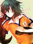  bad_id bad_pixiv_id dutch_angle green_hair inazuma_eleven_(series) inazuma_eleven_go kariya_masaki lightning_bolt male_focus orange_eyes otter raimon raimon_soccer_uniform soccer_uniform solo sportswear tinnybunny24 