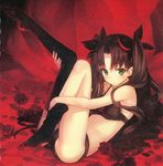  bare_shoulders black_bra black_legwear black_panties bra brown_hair fate/extra fate/extra_ccc fate_(series) flower green_eyes highres lingerie no_shoes panties petals ribbon rose rose_petals shirabi solo thighhighs toosaka_rin two_side_up underwear underwear_only 