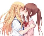  achiga_school_uniform blonde_hair blush brown_hair closed_eyes commentary_request couple kiss long_hair multiple_girls neckerchief oohoshi_awai ponytail profile saki saki_achiga-hen school_uniform serafuku shiraitodai_school_uniform simple_background suzushiro_yukari takakamo_shizuno white_background yuri 