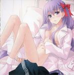  bed bottomless breasts dress_shirt fate/extra fate/extra_ccc fate_(series) highres konoe_ototsugu lavender_hair long_hair matou_sakura medium_breasts open_clothes open_shirt purple_eyes ribbon shirt solo tears 