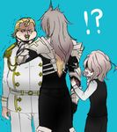  3boys black_dress blonde_hair commentary_request dress expressionless fate/apocrypha fate_(series) from_behind gordes_musik_yggdmillennia long_hair long_sleeves male_focus multiple_boys shaded_face sieg_(fate/apocrypha) siegfried_(fate) silver_hair simple_background standing surprised yuko_(taxidermy) 