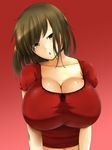  :o breasts brown_eyes brown_hair bursting_breasts cleavage head_tilt highres huge_breasts impossible_clothes impossible_shirt long_hair original red_background shirt shumichi simple_background solo tight_shirt upper_body 