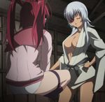  2girls areola_slip areolae ass back breasts dark_skin eyepatch highres hyakka_ryouran_samurai_girls large_breasts long_hair multiple_girls panties red_hair screencap sitting standing underwear white_hair yagyuu_gisen yagyuu_juubei_(hyakka_ryouran) 