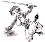  artist_request breasts covered_nipples disgaea large_breasts magic magic_knight_(disgaea) monochrome pointy_ears short_hair simple_background solo sword weapon white_background 