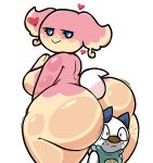 2024 anthro audino big_butt blue_eyes blush blush_lines breasts brown_nose butt digital_drawing_(artwork) digital_media_(artwork) duo female generation_5_pokemon heart_symbol hi_res lewdewott looking_at_another looking_back looking_back_at_another looming narrowed_eyes nintendo oshawott pokemon pokemon_(species) rear_view scut_tail short_tail simple_background size_difference standing tail thick_thighs white_background white_tail