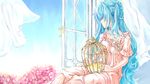  aqua_hair birdcage cage curtains door dress flower hair_over_eyes hatsune_miku highres long_hair sitting solo very_long_hair vocaloid yuunagi_show 