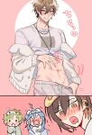  4boys blonde_hair blue_hair brown_eyes brown_hair clothes_lift edmond_(nu_carnival) eiden_(nu_carnival) highres jacket jewelry long_sleeves male_focus midriff multicolored_hair multiple_boys navel necklace nu_417 nu_carnival open_mouth pink_shorts quincy_(nu_carnival) shirt shirt_lift short_hair shorts smile stomach teeth white_jacket white_shirt yakumo_(nu_carnival) 