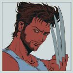  1boy amuii brown_hair claw_(weapon) clenched_hand collarbone facial_hair green_eyes hand_up hashtag-only_commentary highres looking_at_viewer male_focus marvel muscular muscular_male parted_lips short_hair solo tank_top weapon white_tank_top wolverine_(x-men) x-men x-men_film_series 