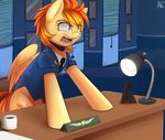  blonde_hair brown_eyes clothing coffee cup cutie_mark desk equine female feral friendship_is_magic hair horse lamp mammal my_little_pony necktie orange_hair pegasus picture_frame pony saliva shouting solo spitfire_(mlp) spittfire suit two_tone_hair uniform window wings wonderbolts_(mlp) 