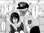  1boy 1girl bandages black_hair blush crying fallen_down fangs fingernails gloves hat itoko_(i_t_k) mole mole_under_eye musical_note muzzle original police police_badge police_hat police_uniform policeman school_uniform sharp_fingernails short_hair spoken_musical_note tears trembling uniform unworn_gloves 