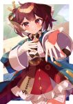  1girl absurdres applepie_1201 atelier_(series) atelier_sophie_2 blue_coat border closed_mouth coat collared_coat cowboy_shot detached_collar hands_up highres lens_flare long_sleeves looking_at_viewer outside_border reaching reaching_towards_viewer red_eyes red_hair red_skirt shirt short_hair skirt smile solo sophie_neuenmuller standing white_border white_shirt wide_sleeves 