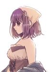 1girl aihira_(aihira12) atelier_(series) atelier_sophie atelier_sophie_2 bare_shoulders blue_coat blunt_bangs brown_eyes coat corset from_side head_scarf highres purple_hair short_hair sidelocks simple_background solo sophie_neuenmuller standing white_background 