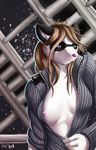  abstract_background anthro blonde_hair blue_eyes boneitis breasts brown_hair clothing cute detailed female ferret fur hair long_hair mammal mustelid nipple_slip nipples open_jacket open_shirt pink_nipples pink_nose pose shirt smile solo standing undressing white_fur zipper 