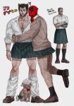  3boys absurdres arm_around_waist bara beard bow bowtie brown_hair cable_(marvel) chest_hair closed_mouth collarbone commentary_request crossdressing deadpool deadpool_&amp;_wolverine deadpool_(series) deadpool_2 dogpool facial_hair full_body grey_hair hairy heart highres hug immjb5x8u9akn7a interlocked_fingers large_pectorals long_sleeves looking_at_another male_focus marvel mask mature_male mechanical_arms miniskirt multiple_boys muscular muscular_male open_mouth own_hands_together pectorals red_bow red_bowtie red_mask scar school_uniform shirt shoes skirt socks standing standing_on_one_leg sweater tongue tongue_out translation_request white_shirt wolverine_(x-men) x-men x-men_film_series yaoi 