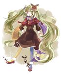  dress green_eyes green_hair hand_on_hip hatsune_miku highres long_hair open_mouth pantyhose scarf solo tsumikisumi twintails very_long_hair vocaloid 
