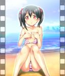  bad_id bad_pixiv_id beach bikini bikini_pull black_hair breasts cleavage commentary_request covering covering_breasts day film_border kashi love_live! love_live!_school_idol_project ocean off_shoulder outdoors red_eyes ribbon short_hair sitting sky small_breasts solo striped striped_bikini swimsuit twintails yazawa_nico 