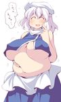  1girl belly belly_grab breasts erect_nipples eyes_closed fat female gigantic_breasts hat huge_breasts letty_whiterock long_skirt navel no_bra open_mouth simple_background skirt solo standing touhou underboob ushi white_background white_hair 