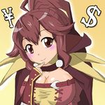  $ anna_(fire_emblem) artist_request blush breasts cleavage fire_emblem large_breasts lowres ponytail red_eyes red_hair 