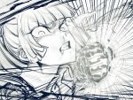  1girl blunt_bangs clenched_hand close-up commentary_request emphasis_lines fujiwara_no_mokou greyscale looking_at_viewer monochrome sharp_teeth signature sketch solo spacezin teeth touhou v-shaped_eyebrows 