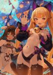  2girls :d ahoge animal_ears bare_shoulders bell black_hair black_thighhighs blonde_hair blue_eyes blush breasts castle cat_ears cat_tail cleavage collar cow_ears cow_horns detached_sleeves fang full_moon ghost greentanuki highres horns jack-o&#039;-lantern leotard long_hair looking_at_viewer moon multiple_girls navel neck_bell original purple_eyes purple_nails revealing_clothes skin_fang smile tail thighhighs twintails very_long_hair 