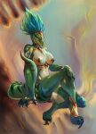 anthro big_breasts breasts claws clothed clothing dinosaur dromaeosaurid feet female genitals green_body green_scales green_tail head_feathers hi_res ixchel_(velocicopter) long_tail looking_at_viewer nipple_piercing nipples non-mammal_breasts non-mammal_nipples piercing pussy reptile scales scalie silkyfangs sitting skimpy solo tail talons theropod toes velociraptor