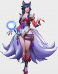  1girl absurdres ahri_(league_of_legends) animal_ears ball bare_shoulders boots breasts brown_eyes cleavage collarbone facial_mark fingernails fox_ears fox_tail hand_up highres kitsune kyuubi large_breasts league_of_legends long_sleeves magic multiple_tails off_shoulder sharp_fingernails solo standing stnpnk tail whisker_markings 
