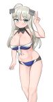  1girl absurdres ahoge ass_visible_through_thighs bare_shoulders bikini blue_bikini blush breasts cleavage closed_mouth commentary_request dated feet_out_of_frame grey_eyes grey_hair hair_ornament heywood_l._edwards_(kancolle) highres kantai_collection large_breasts long_hair looking_at_viewer maru_(marg0613) navel no_eyewear one-hour_drawing_challenge simple_background solo swimsuit twitter_username v white_background 