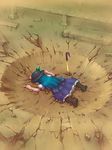  blue_hair boots crater faceplant failure food fruit hat hinanawi_tenshi long_hair lying on_stomach peach sankuma skirt solo sword sword_of_hisou touhou weapon 