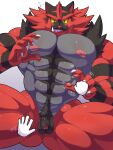 2024 abs anthro balls barazoku biceps big_muscles blush bodily_fluids body_hair claws clenched_teeth disembodied_hand eyebrows flaccid foreskin front_view fur furtissier generation_7_pokemon genitals glistening glistening_body happy_trail hi_res huge_muscles huge_thighs human humanoid_genitalia humanoid_penis incineroar kemono looking_at_viewer male mammal motion_lines muscular muscular_anthro muscular_male navel nintendo nipples nude pecs penis pokemon pokemon_(species) pubes serratus sitting small_balls small_penis smile solo spread_legs spreading sweat sweatdrop teeth thick_thighs tuft