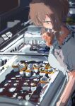  1girl absurdres breasts brown_eyes brown_hair cevio closed_eyes commentary_request dress film_grain freezer from_side hand_up highres ice_cream_cup indoors kabuyama_kaigi large_breasts looking_at_food looking_down profile satou_sasara short_sleeves solo thinking underlighting upper_body white_dress 