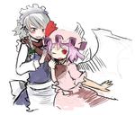  :o ;d apron bat_wings blush cowboy_shot frills izayoi_sakuya looking_at_viewer luft maid maid_headdress multiple_girls one_eye_closed open_mouth parted_lips puffy_short_sleeves puffy_sleeves remilia_scarlet short_sleeves silver_hair simple_background sketch smile touhou vampire_(game) waist_apron white_background wings 