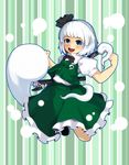  :d blue_eyes blush floating ghost hair_ribbon hitodama jumping konpaku_youmu konpaku_youmu_(ghost) laboto looking_at_viewer open_mouth ribbon short_hair silver_hair simple_background smile solo striped striped_background touhou vertical-striped_background vertical_stripes 