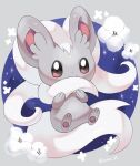  animal_focus artist_name black_eyes blue_background cinccino closed_mouth flower grey_fur iwasi_29 no_humans outside_border pawpads pokemon pokemon_(creature) smile tail twitter_username white_flower white_hair 