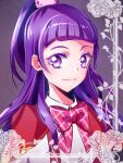  1girl blunt_bangs bow bowtie capelet closed_mouth grey_background hair_ornament high_ponytail highres izayoi_liko long_hair looking_at_viewer mahou_girls_precure! plaid plaid_bow plaid_bowtie portrait precure purple_eyes purple_hair red_bow red_bowtie red_capelet shipu_(gassyumaron) shirt smile solo white_shirt 