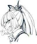  1girl blunt_bangs bow commentary_request from_side fujiwara_no_mokou greyscale hair_bow looking_at_viewer monochrome parted_lips ponytail portrait signature simple_background sketch smile solo spacezin touhou upper_body 
