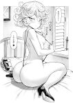  1girl absurdres ass bare_shoulders bed blush breasts butt_crack curly_hair from_behind from_side greyscale hair_between_eyes high_heels highres huge_ass indoors looking_at_viewer looking_back mogudan monochrome on_bed one-punch_man parted_lips pillow short_hair sitting slingshot_swimsuit small_breasts solo swimsuit tatsumaki thighs wariza 