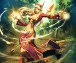  blonde_hair blood_elf breasts breasts_apart chain crystal elf forest genzoman green_eyes impossible_clothes large_breasts long_hair looking_at_viewer mage magic midriff nature navel pointy_ears signature slender solo staff warcraft wide_hips world_of_warcraft 