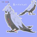 avian avian_feet beak bird black_body black_feathers blue_background capcom countershading elder_dragon feathers feet feral grey_body grey_feathers hi_res highlights_(coloring) hybrid japanese_text looking_away monster_hunter red_highlights simple_background solo talons text toes valstrax valval_ohg wings