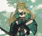  1girl ahoge animal_ears arm_belt arrow_(projectile) atalanta_(fate) black_gloves black_thighhighs blonde_hair bow_(weapon) cat_ears cat_tail cleavage_cutout closed_mouth clothing_cutout dress fate/apocrypha fate_(series) full_body garter_straps gloves gradient_hair green_background green_dress green_eyes green_hair holding holding_bow_(weapon) holding_weapon kanitama_(putyourhead) long_hair looking_ahead multicolored_hair print_dress puffy_short_sleeves puffy_sleeves short_sleeves solo squatting tail thighhighs weapon 