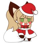 1:1 absurd_res anthro averi_(fiddleafox) brown_body brown_fur canid canine christmas clothing costume dipstick_tail female female_anthro fox fur gloves_(marking) green_eyes hair hi_res holidays leg_markings mammal markings padoru red_clothing santa_costume simple_background socks_(marking) solo standing tail tail_markings unknown_artist white_body white_fur