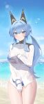  1218_haruru 1girl absurdres beach bikini bikini_under_clothes blue_bikini blue_eyes blue_hair blush braid breasts day embarrassed gloves goddess_of_victory:_nikke helm_(aqua_marine)_(nikke) helm_(nikke) highres horizon large_breasts long_hair long_sleeves looking_at_viewer ocean official_alternate_costume outdoors shirt shirt_tug sidelocks solo swimsuit tearing_up wet wet_clothes wet_shirt white_gloves white_shirt 