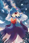  alternate_color artist_name blue_hair blue_sky closed_mouth colored_skin commentary_request falling_petals gardevoir grass head_wreath highres mega_gardevoir night night_sky petals pokemon pokemon_(creature) red_eyes rongai28 shiny_pokemon sky smile standing star_(sky) twitter_username white_skin 