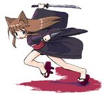  animal_ears blue_eyes brown_hair clog_sandals copyright_request japanese_clothes kimono kunai long_hair lowres oekaki running solo takayaki weapon 