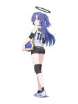  1girl alternate_costume ball bare_shoulders black_shorts black_socks blue_archive chestnut_mouth from_behind full_body halo halo_(lelelelelemo) highres holding holding_ball long_hair looking_at_viewer looking_back parted_lips purple_eyes purple_hair shirt shoes shorts simple_background sleeveless sleeveless_shirt socks sportswear standing volleyball volleyball_uniform white_background white_footwear yuuka_(blue_archive) 