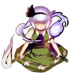  black_hairband dual_wielding ghost hairband hitodama holding konpaku_youmu konpaku_youmu_(ghost) lieutenant_dan one_eye_closed ribbon short_hair silver_hair solo sword touhou weapon 