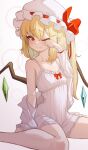  1girl armpits bare_shoulders blonde_hair crystal flandre_scarlet full_body hat highres one_eye_closed pajamas red_eyes ribbon rubbing_eyes sitting solo tears touhou user_jwxm5474 wiping_tears 