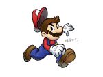  1boy blue_overalls boots brown_footwear brown_hair facial_hair full_body gloves hat mari_luijiroh mario mario_&amp;_luigi_rpg mario_(series) masanori_sato_(style) mustache overalls red_headwear red_shirt shirt short_hair simple_background solo white_background white_gloves 