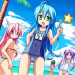  ahoge bad_id bad_pixiv_id beach bikini blue_eyes blue_hair breasts cloud day food fruit glasses green_eyes hair_ribbon hiiragi_kagami hiiragi_tsukasa izumi_konata large_breasts lucky_star miru mole mole_under_eye multiple_girls one-piece_swimsuit open_mouth outdoors pink_hair purple_eyes purple_hair ribbon school_swimsuit sideboob swimsuit takara_miyuki tareme tsurime twintails watermelon 